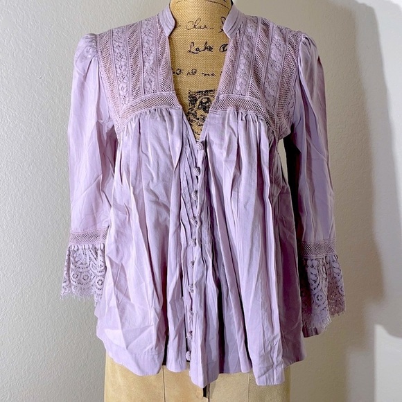 Free People Tops - Free People Esme Button Up Lavender Lace Peasant Blouse